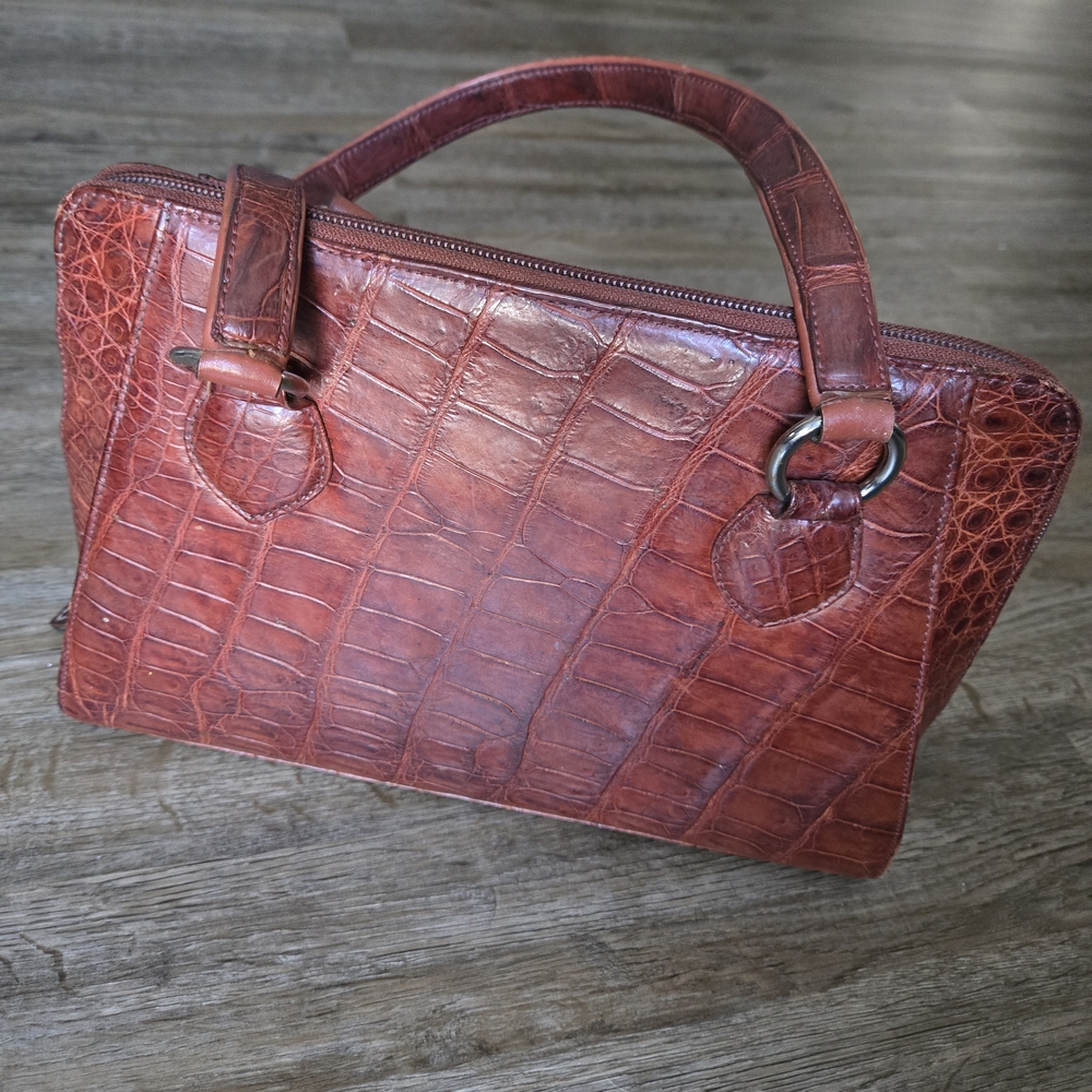 Vintage Croc-Embossed Leather Satchel - Red Brown